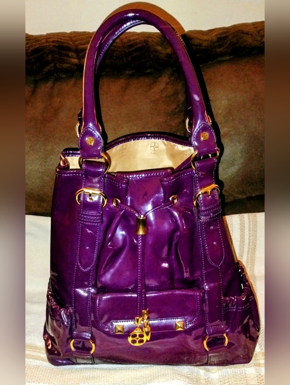 Iman Purple Patent Leather Tote Bag with Gold Hardware